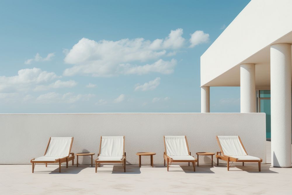 White deckchairs outdoors furniture nature. AI generated Image by rawpixel.