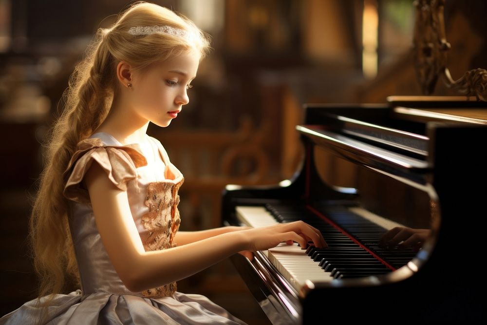 Young blond asian girl playing piano keyboard musician pianist. AI generated Image by rawpixel.