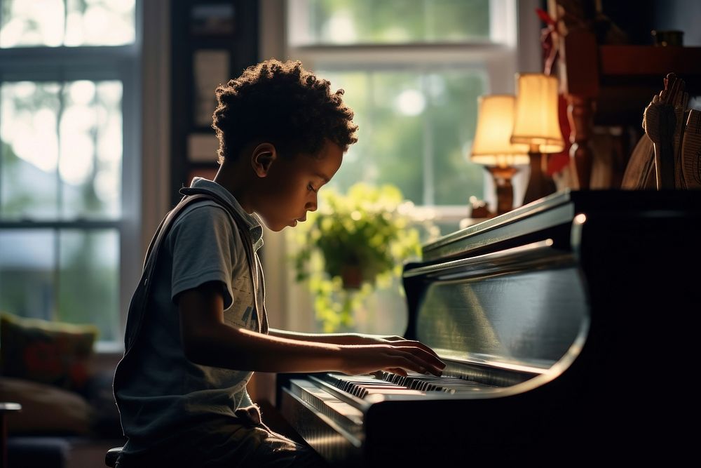 Boy playing piano keyboard musician pianist. 