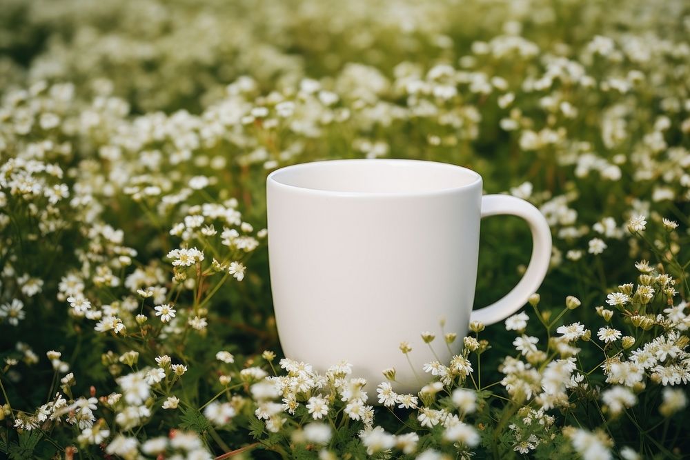 White mug flower coffee cup. 