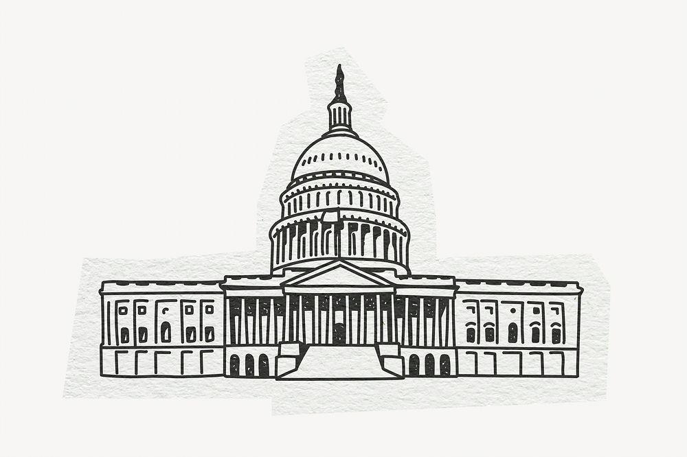 United States Capitol building, line art collage element psd