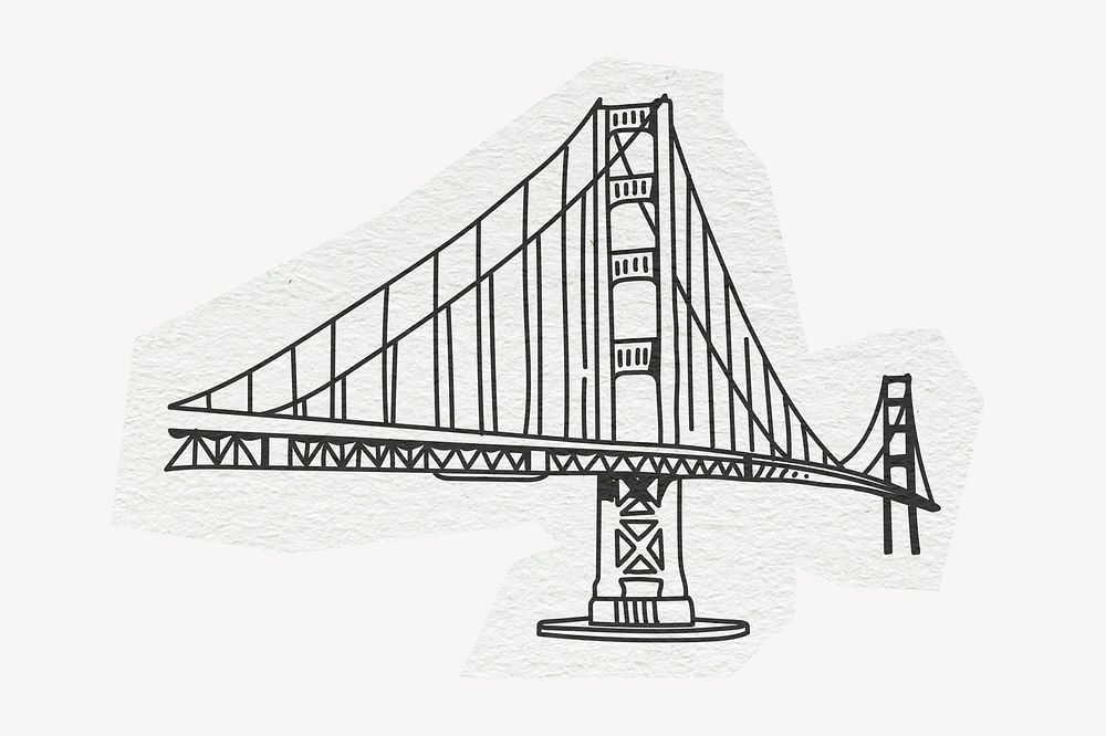 Golden Gate Bridge, famous location, line art collage element 