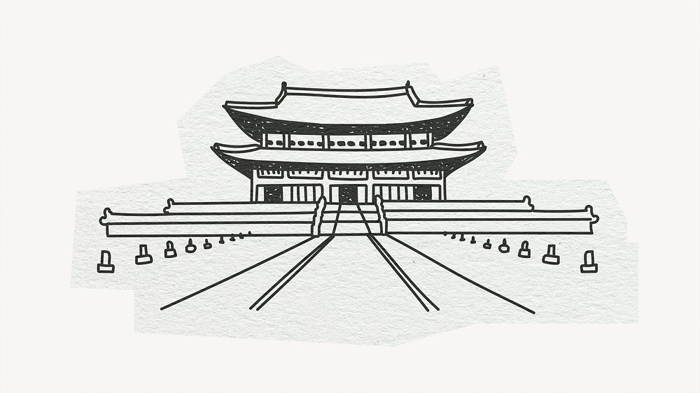 Gyeongbokgung Palace, famous location in South Korea, line art collage element 
