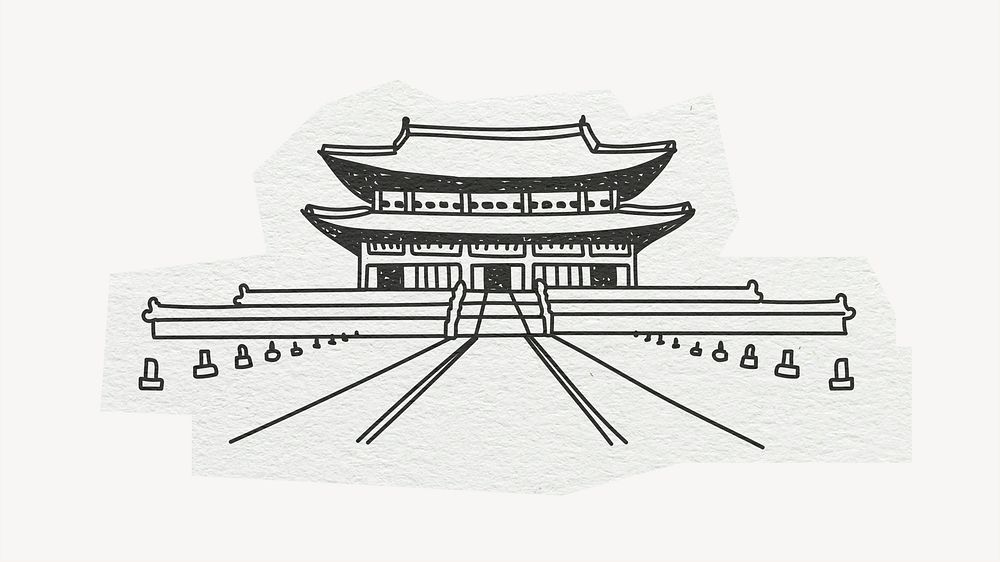 Gyeongbokgung Palace, famous location in South Korea, line art collage element psd