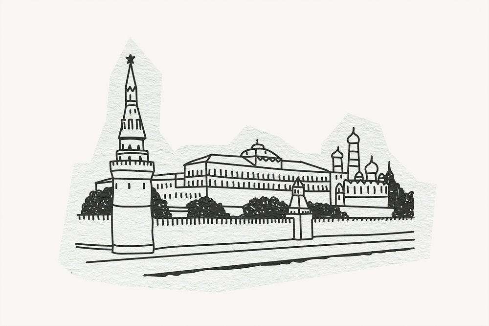 The Moscow Kremlin, line art collage element 