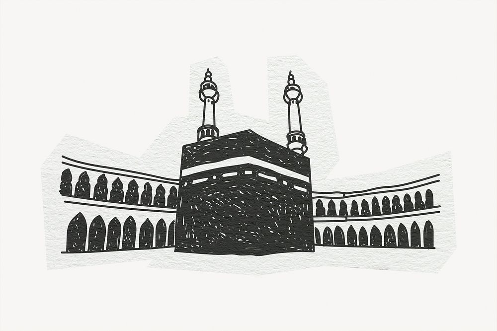 Kaaba, mosque in Saudi Arabia, line art collage element 