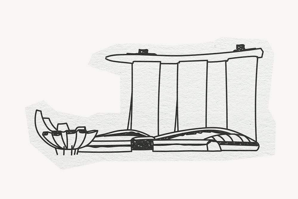 Marina Bay Sands, famous location, line art collage element psd