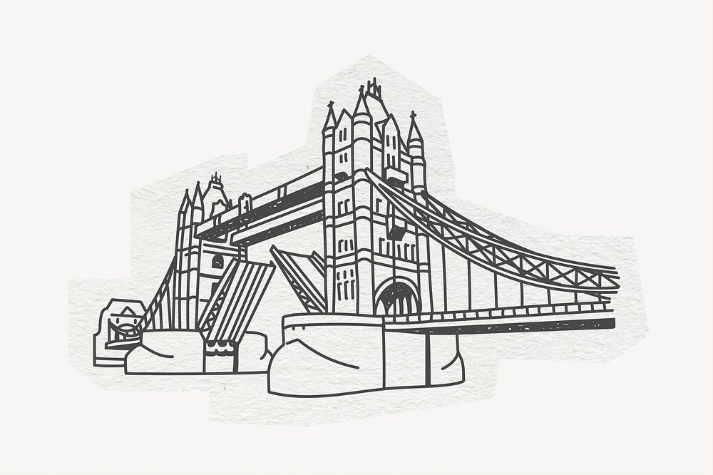 Tower Bridge, famous location in London, line art collage element psd
