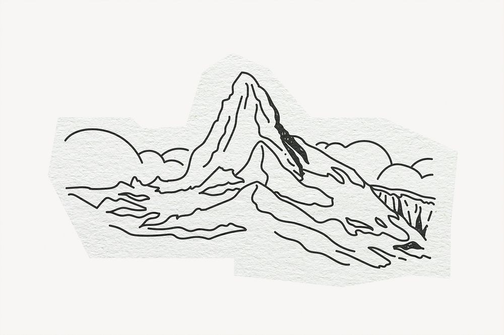 Matterhorn, mountain in Switzerland, line art collage element 