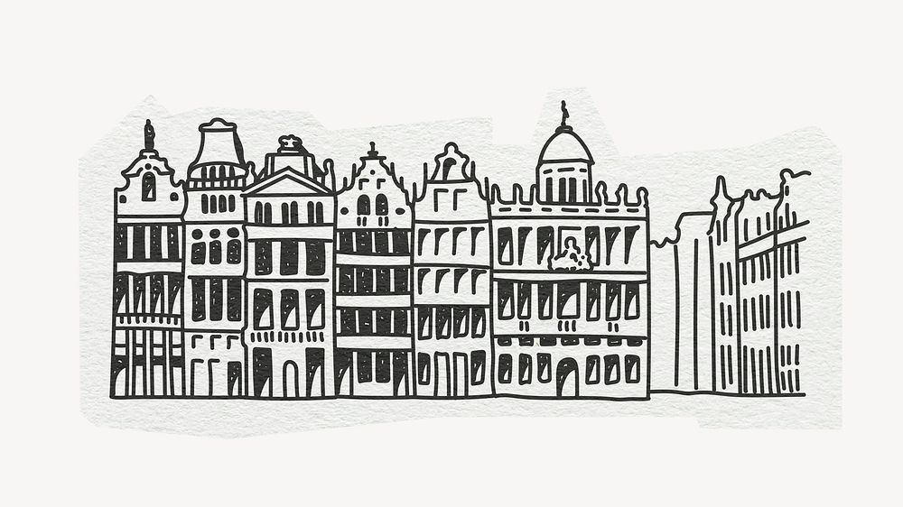 Grand Palace, famous location in Belgium, line art collage element psd