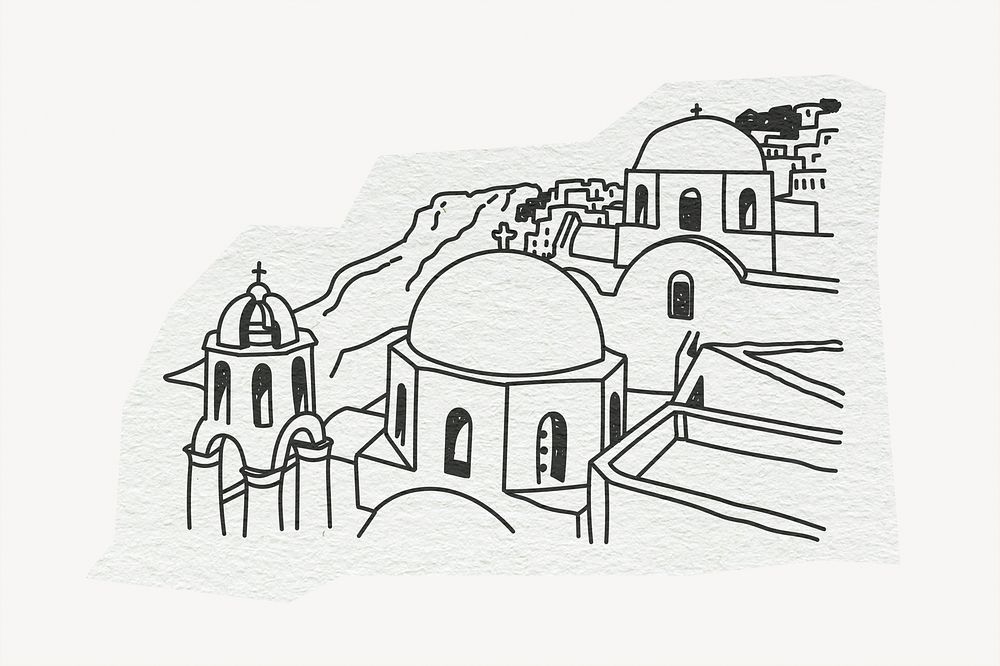 Santorini, famous location in Greece, line art collage element 