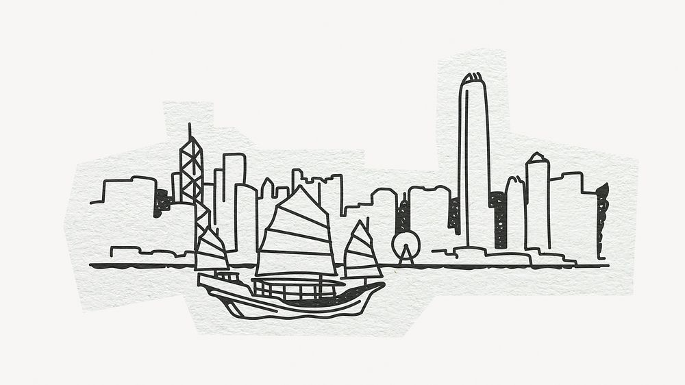 Victoria Harbour, famous location in Hong Kong, line art collage element 