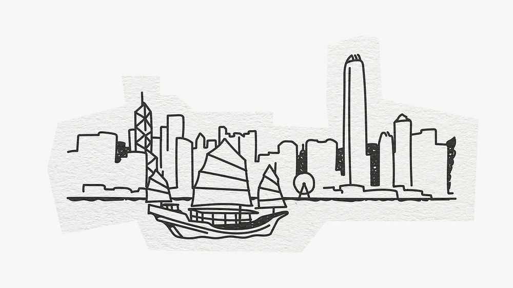 Victoria Harbour, famous location in Hong Kong, line art collage element psd