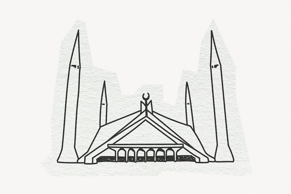 Faisal Mosque, famous location in Pakistan, line art collage element 