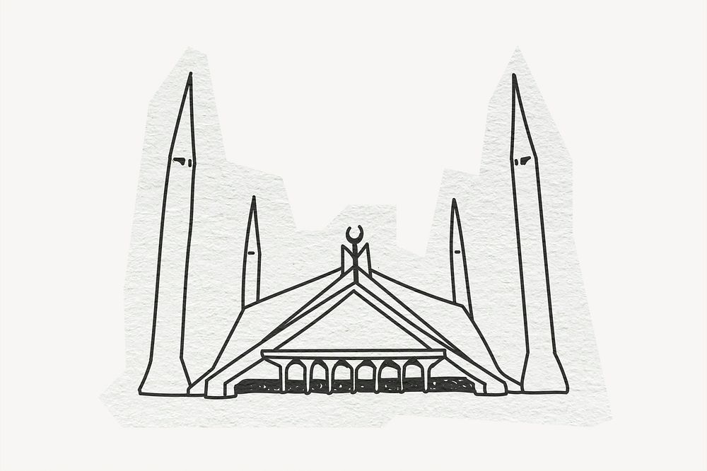 Faisal Mosque, famous location in Pakistan, line art collage element psd