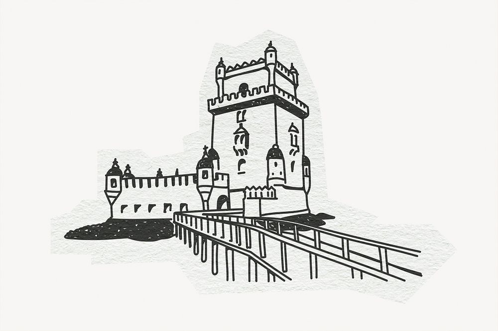 Bel&eacute;m Tower, famous location in Portugal, line art collage element 