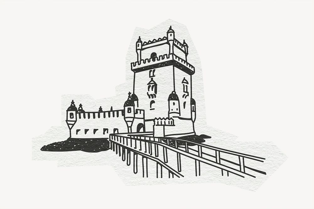 Bel&eacute;m Tower, famous location in Portugal, line art collage element psd