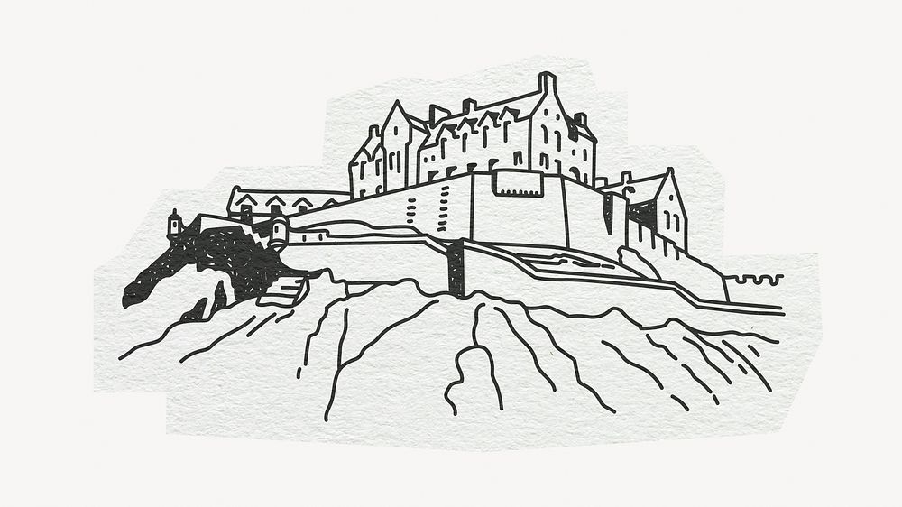 Edinburgh Castle, famous location in Scotland, line art collage element 