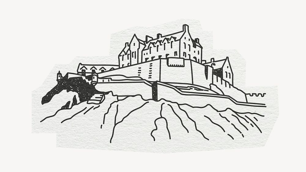 Edinburgh Castle, famous location in Scotland, line art collage element psd