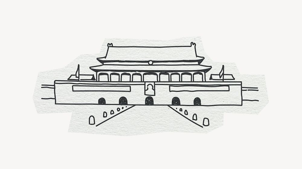 Chinese temple, line art collage element