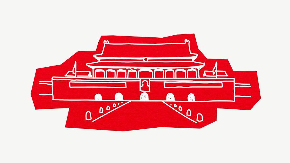 Chinese temple, line art collage element psd