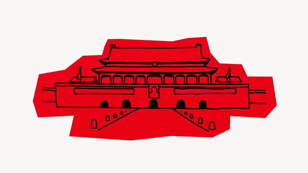 Chinese temple, line art collage element
