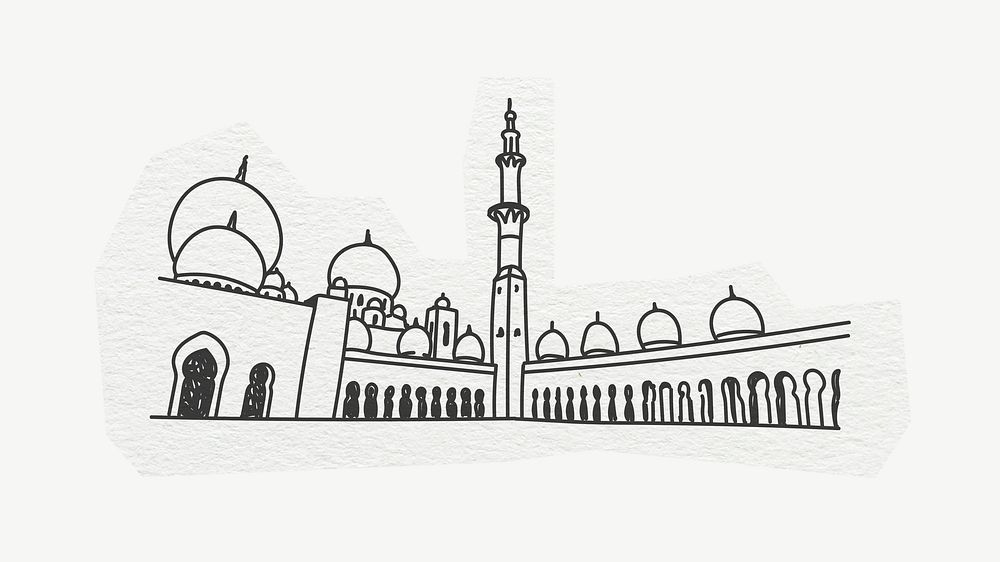 Sheikh Zayed Grand Mosque, line art collage element psd