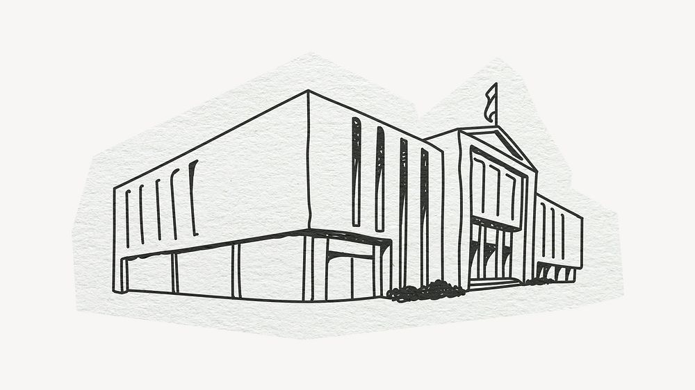School building, architecture, line art collage element 