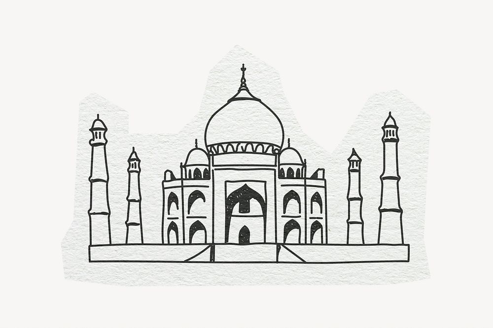 Taj Mahal, India tourist attraction, line art collage element 