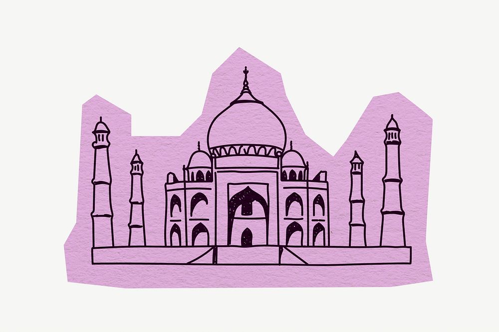 Taj Mahal, India tourist attraction, line art collage element psd