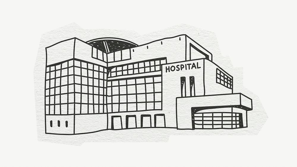 Hospital building, architecture, line art collage element psd