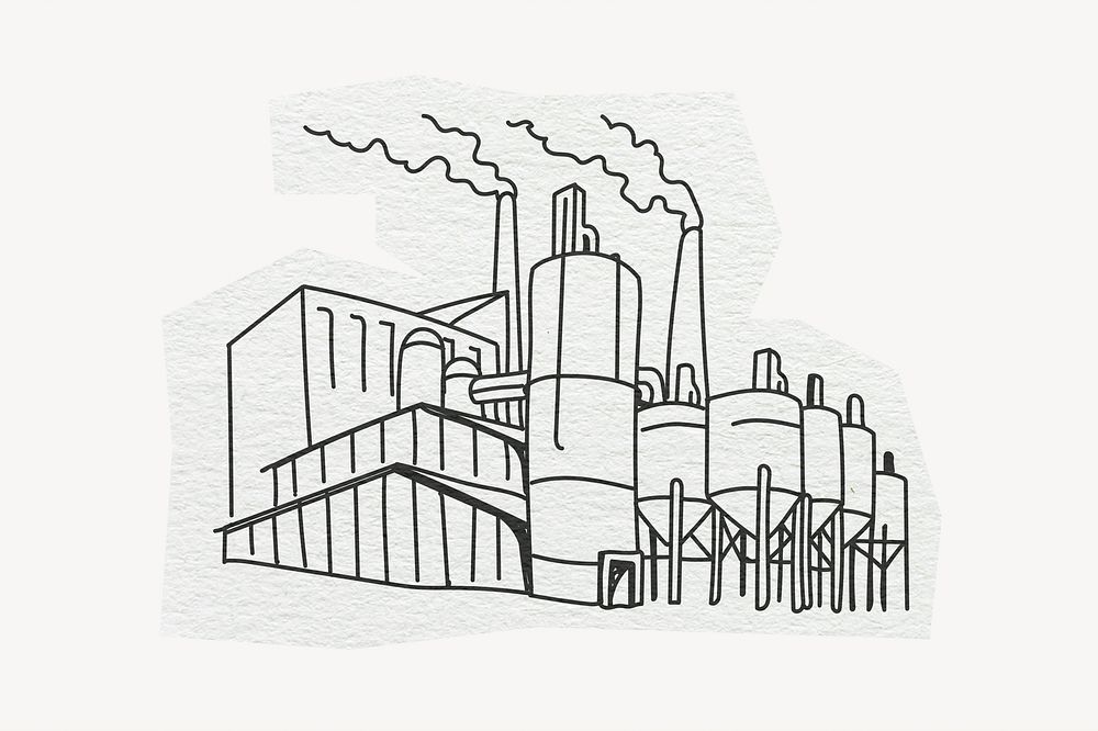 Factory building, architecture, line art collage element 