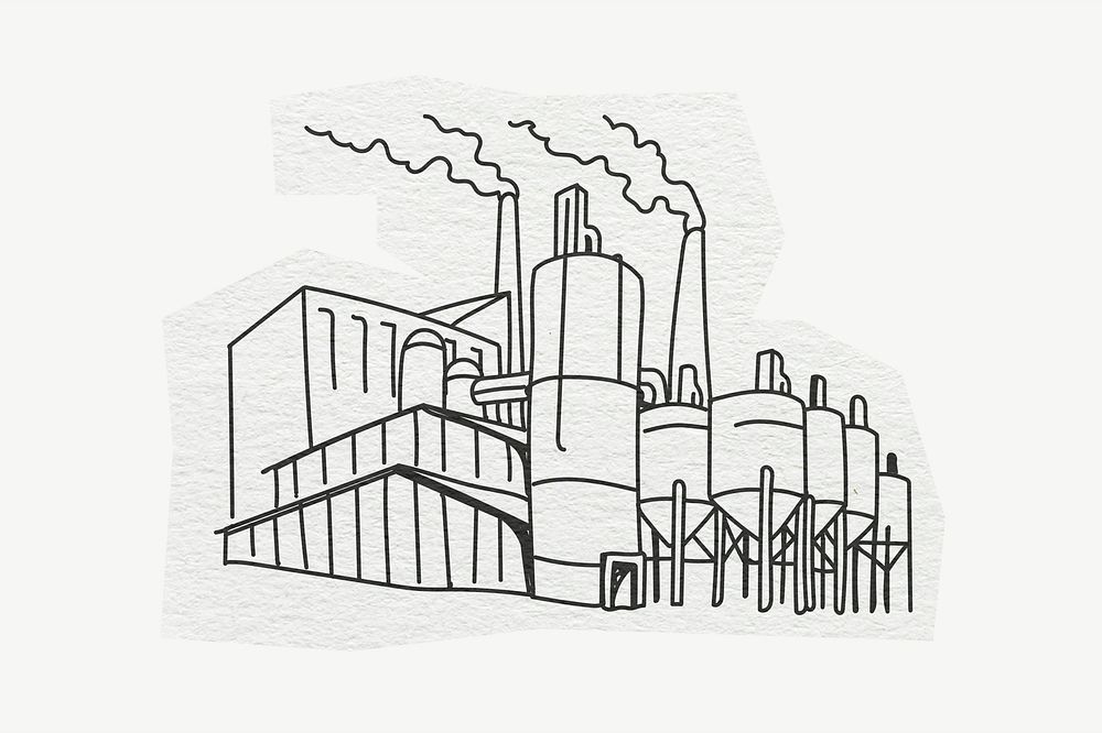 Factory building, architecture, line art collage element psd