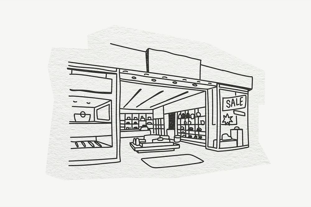 Shopping store, architecture, line art collage element psd