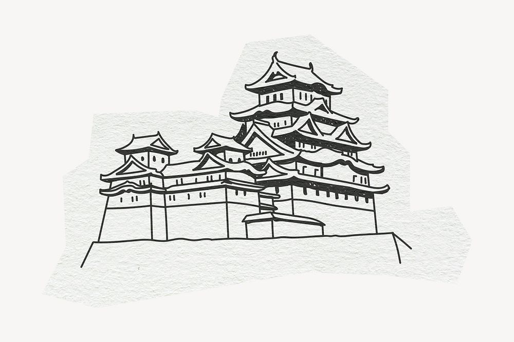 Himeji Castle, Japan famous location, line art collage element 