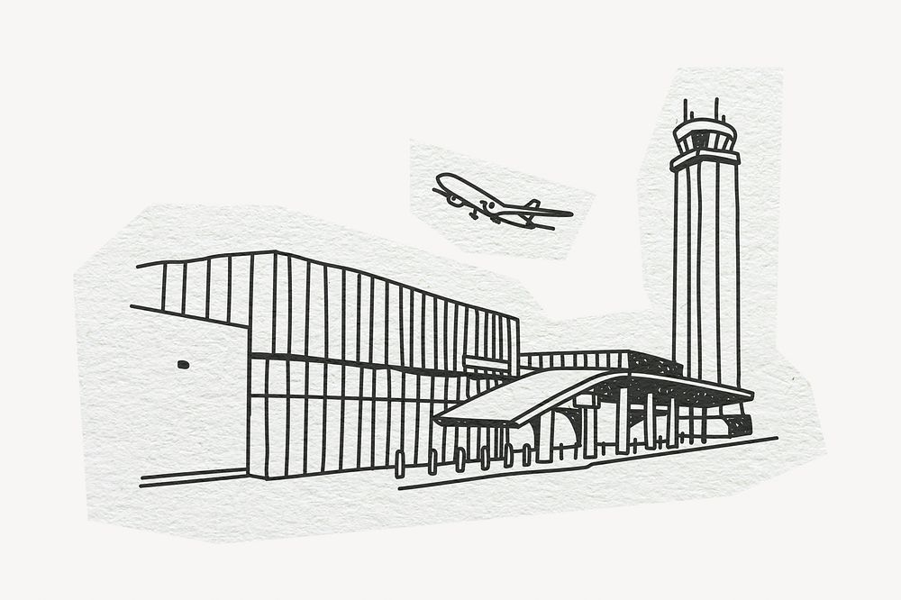 Airport building, architecture, line art collage element 