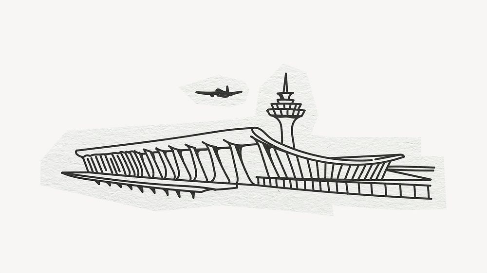 Airport building, architecture, line art collage element psd