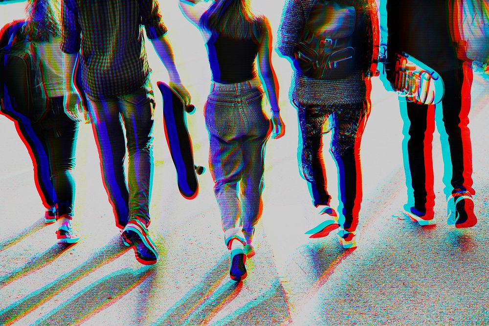 Young people walking, glitch design