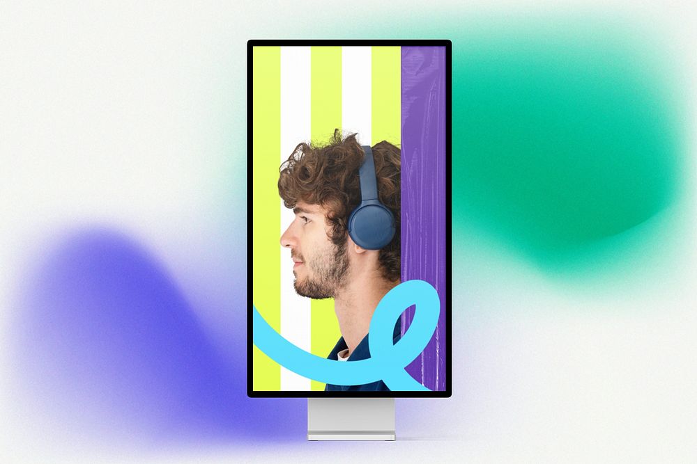 Computer screen with man wearing headphones as wallpaper