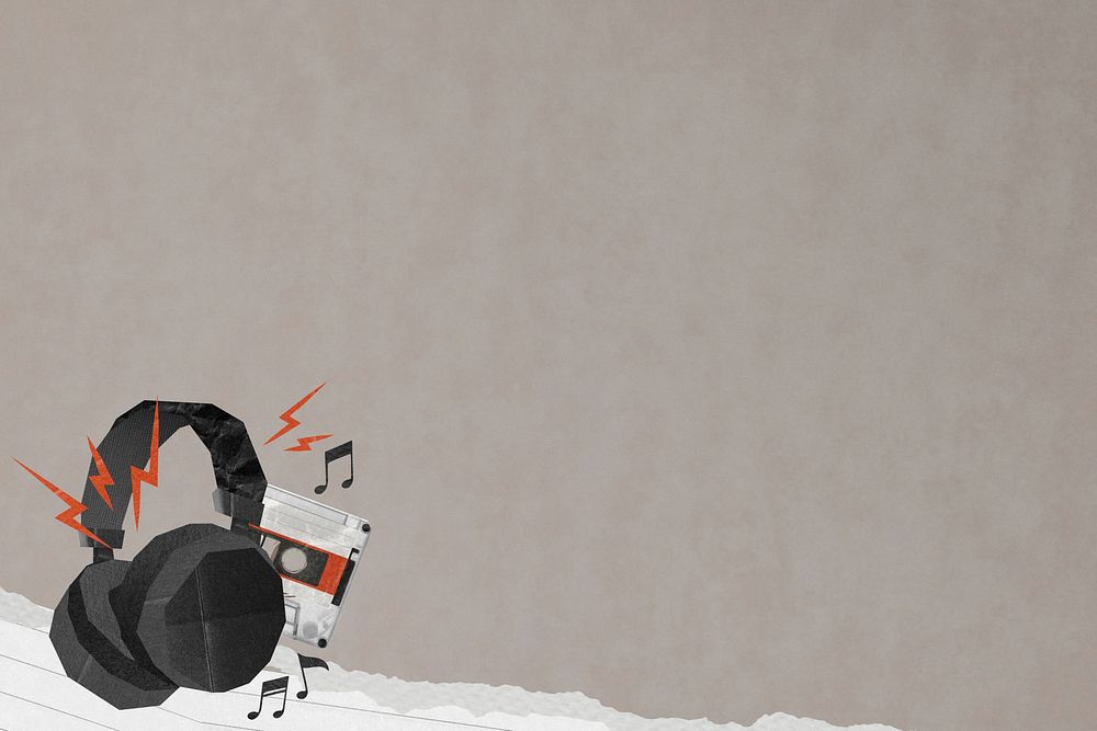 Headphones cassette tape background, ripped paper border