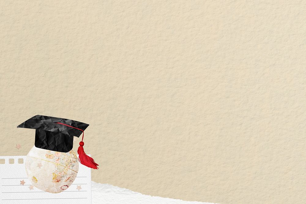 Beige paper textured background, graduation cap border