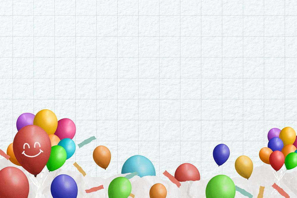 Grid paper background, party balloons border