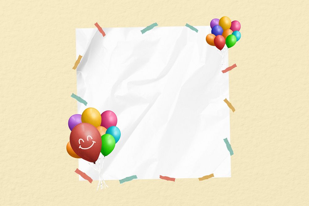 Colorful party balloons, note paper remix