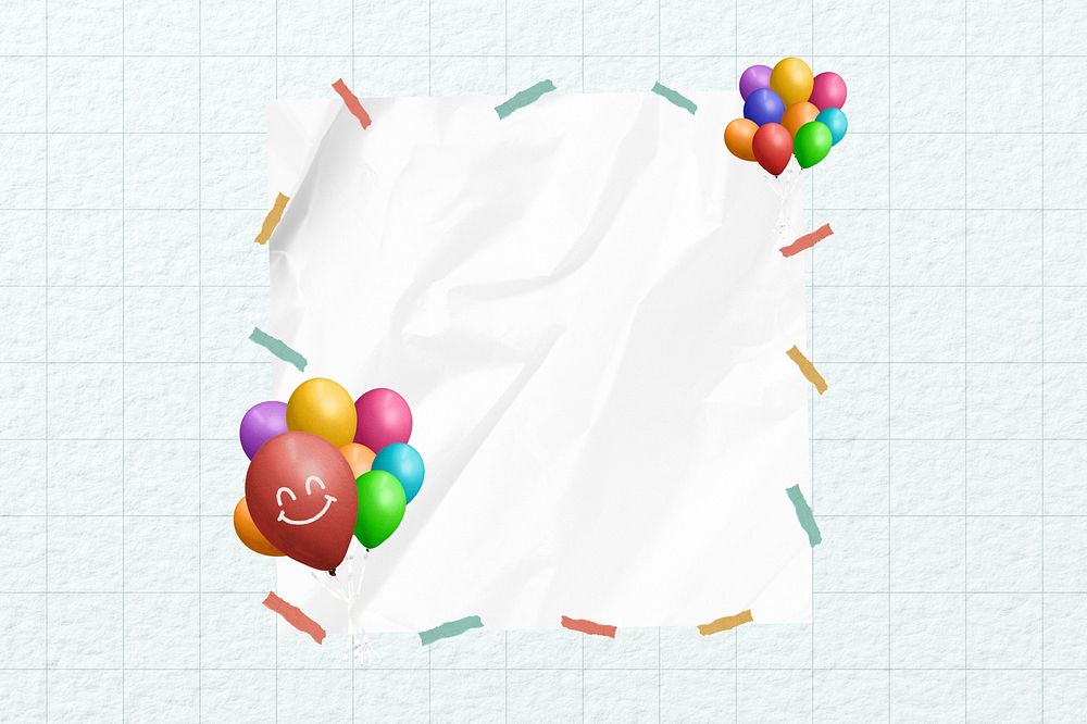 Colorful party balloons, note paper remix