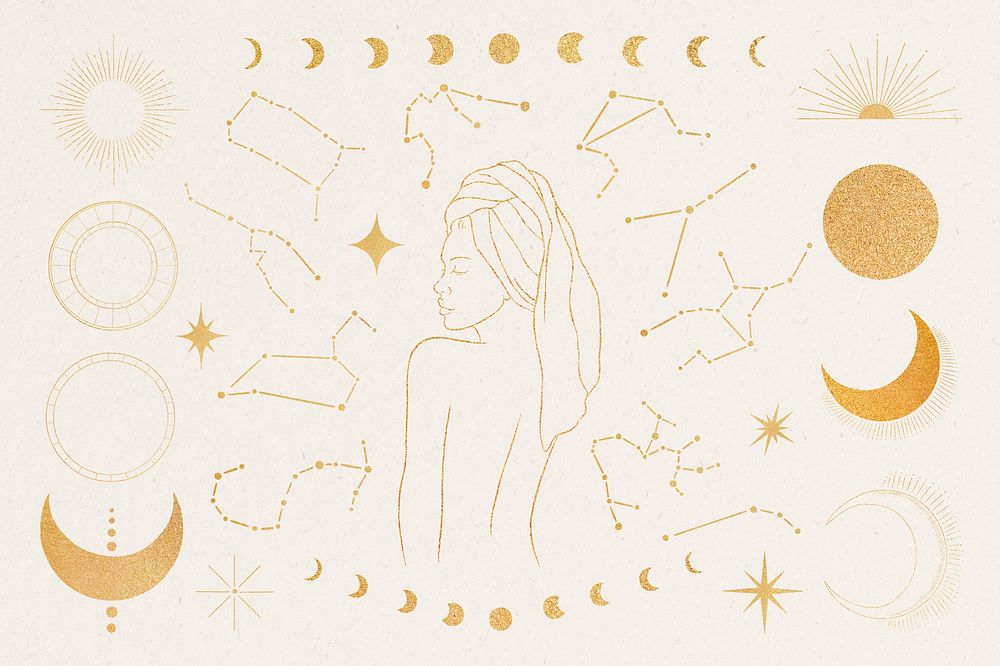 Women astrology, aesthetic illustration set