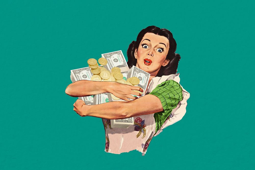 Vintage woman holding money, finance collage illustration