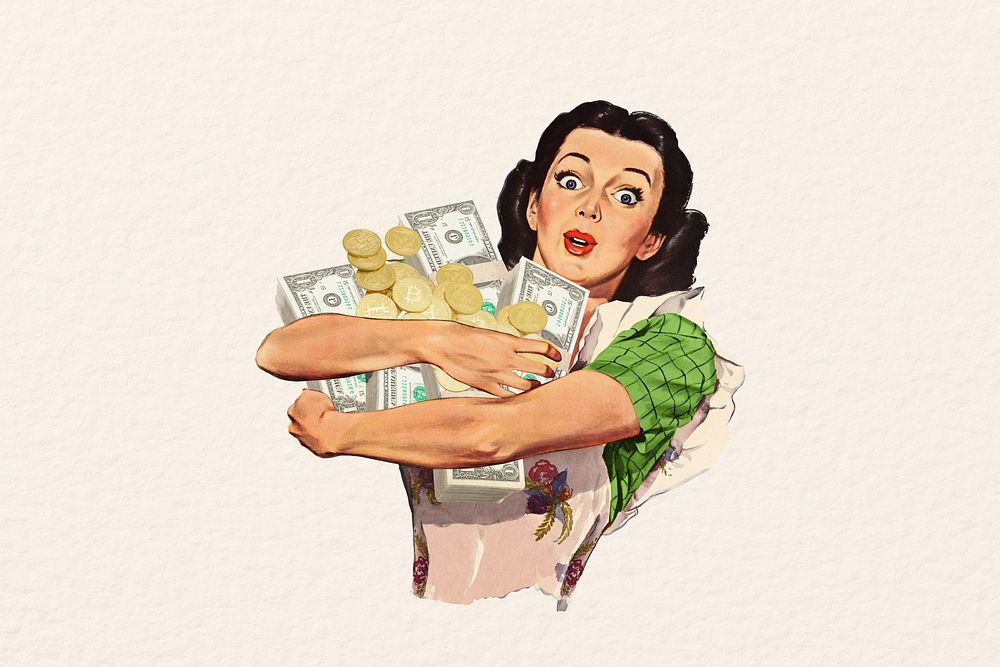 Vintage woman holding money, finance collage illustration