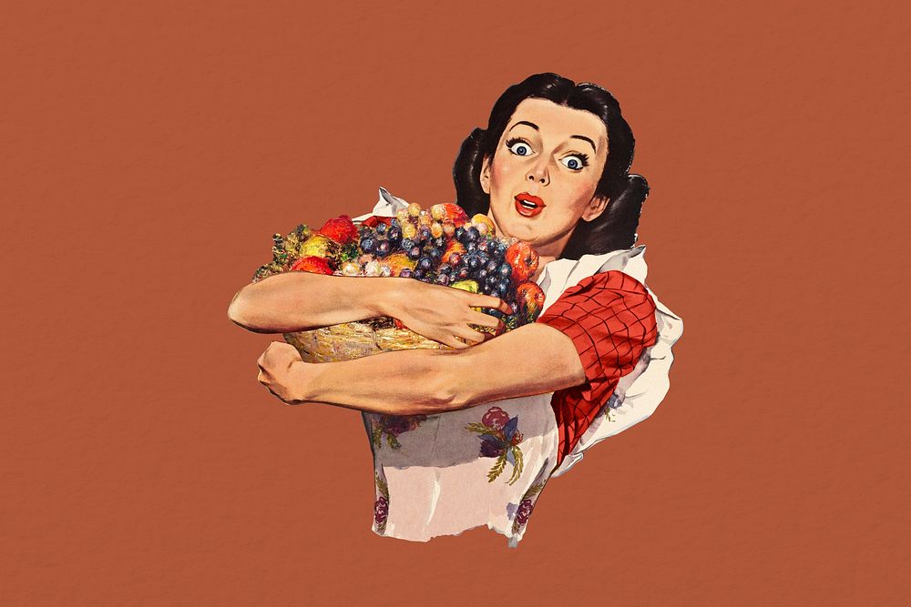 Vintage woman holding fruits, farmers market collage illustration