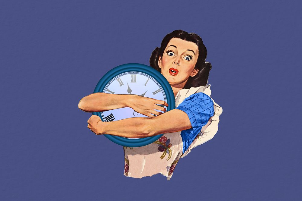 Time management, woman holding clock collage illustration