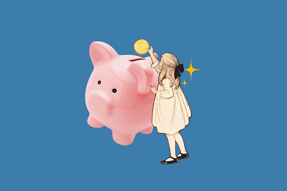 Piggy bank finance, vintage girl collage illustration